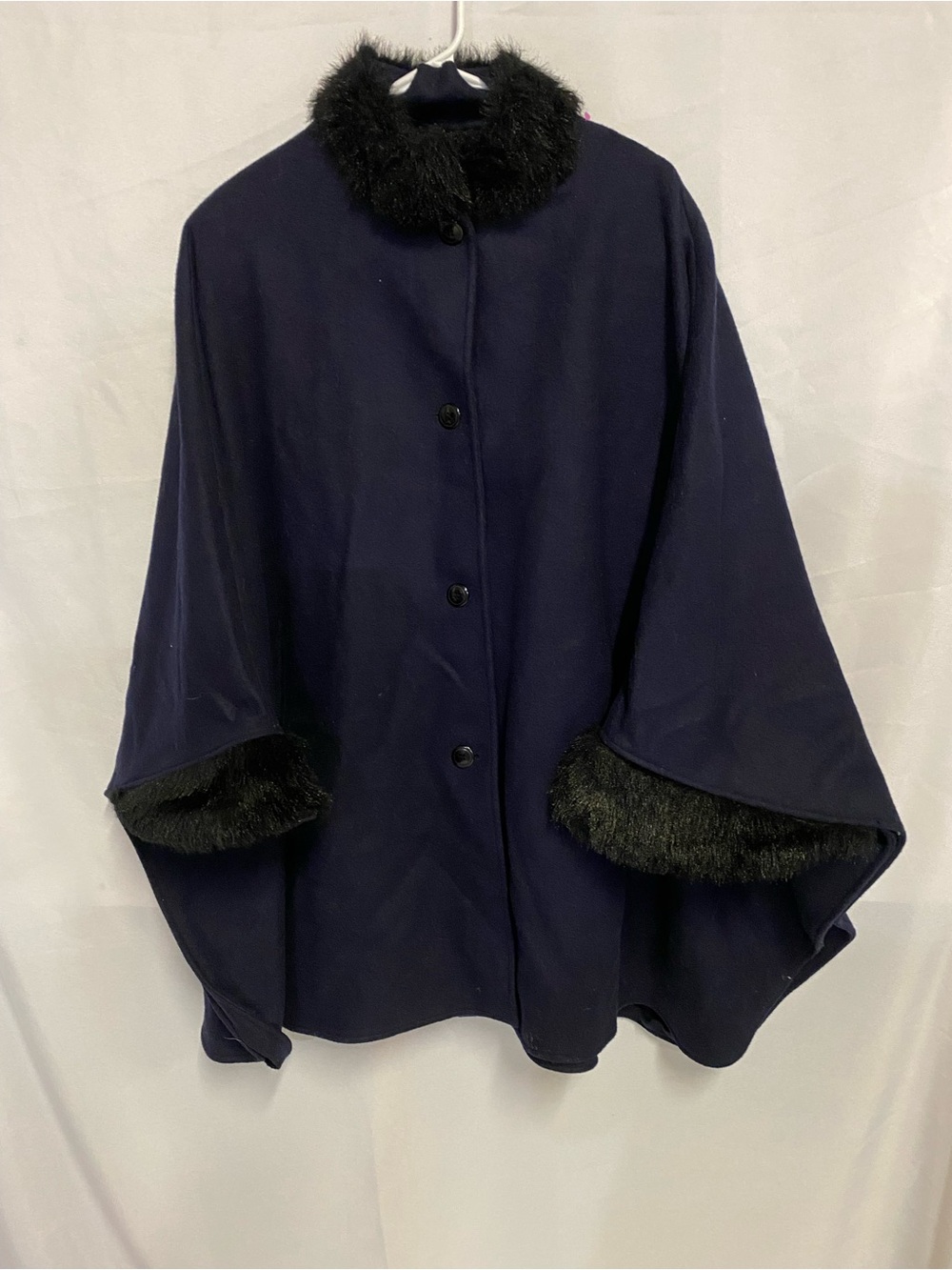 Women's 100%Wool Navy Cape Coat with Black Faux Fur Trim